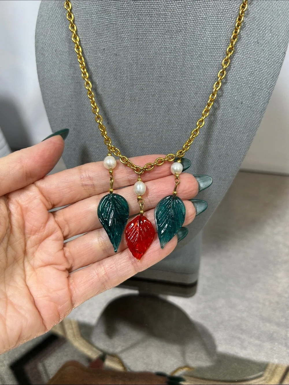 Gold Chain Necklace with Green and Red Leaf Glass Charms and Genuine Pearls